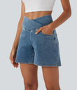 Halara Flex™ Crossover High Waisted Pockets Wide Leg A Line Washed Denim Casual Shorts - Blue Surf Denim