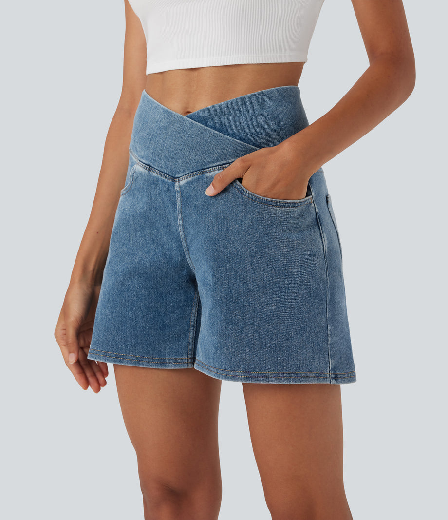 Halara Flex™ Crossover High Waisted Pockets Wide Leg A Line Washed Denim Casual Shorts - Blue Surf Denim