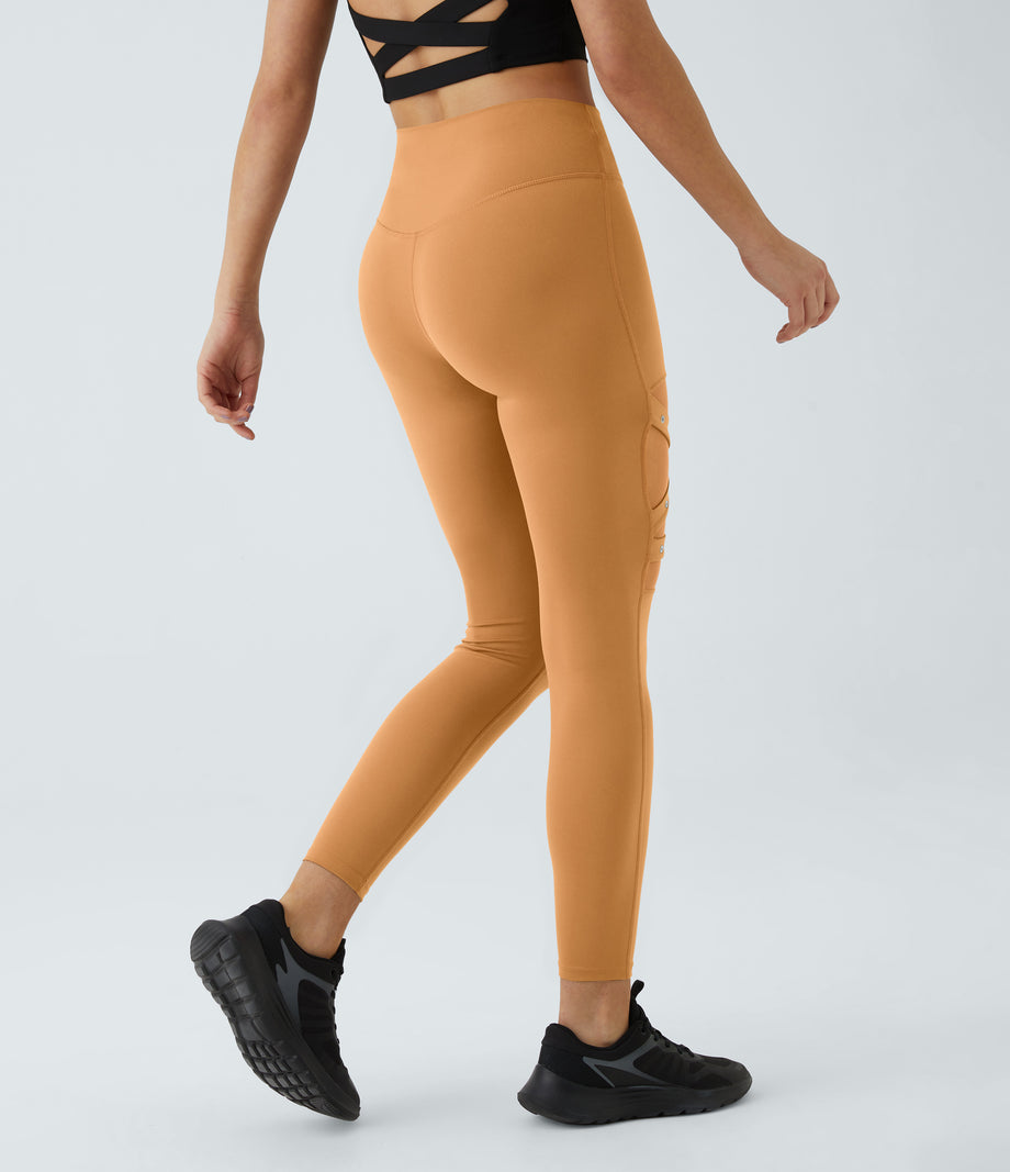 DayStretch High Waisted Crossover Contrast Mesh Decorative Buckle Yoga Leggings - Buckskin