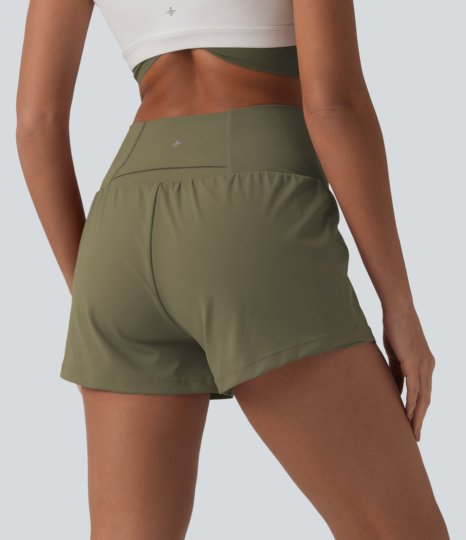 SoftlyZero™ Airy Crossover High Waisted 2-in-1 Cool Touch Yoga Shorts 3'' with Pockets - Withered Green