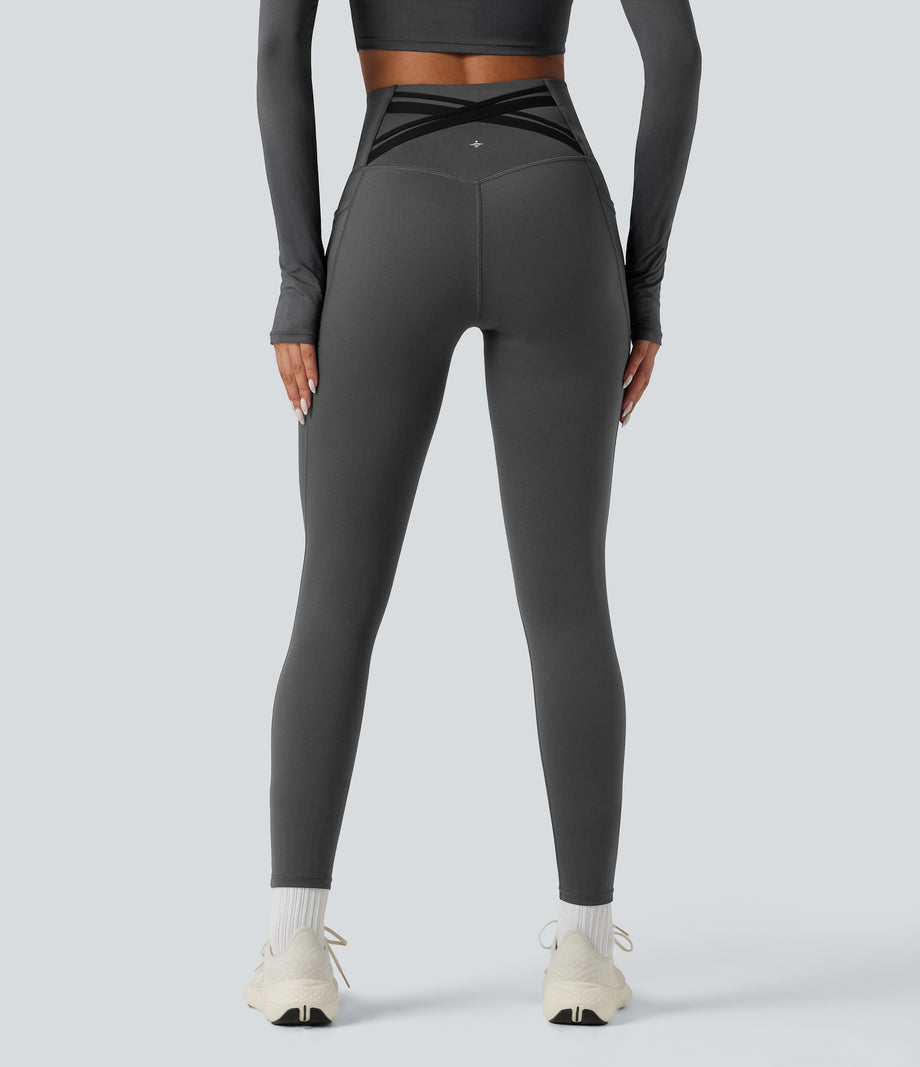 Halara Ultrasculpt™ Heat High Waisted Tummy Control Crossover Back Fleece Running Leggings with Pockets - Black Oyster