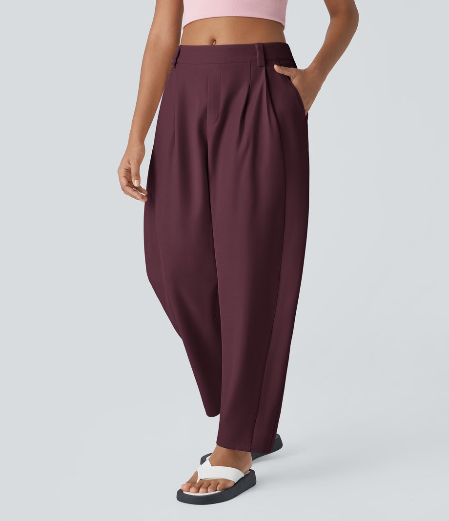 Mid Rise Pocket Barrel Leg Baggy Work Pants - Vineyard Wine
