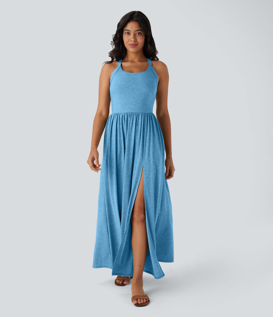 Twisted Backless Split Flowy Maxi Resort Dress with Pockets - Clear Coast Blue