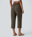 High Waisted Zipper Pocket Cropped Linen-Feel Pants - Dark Earthy Brown