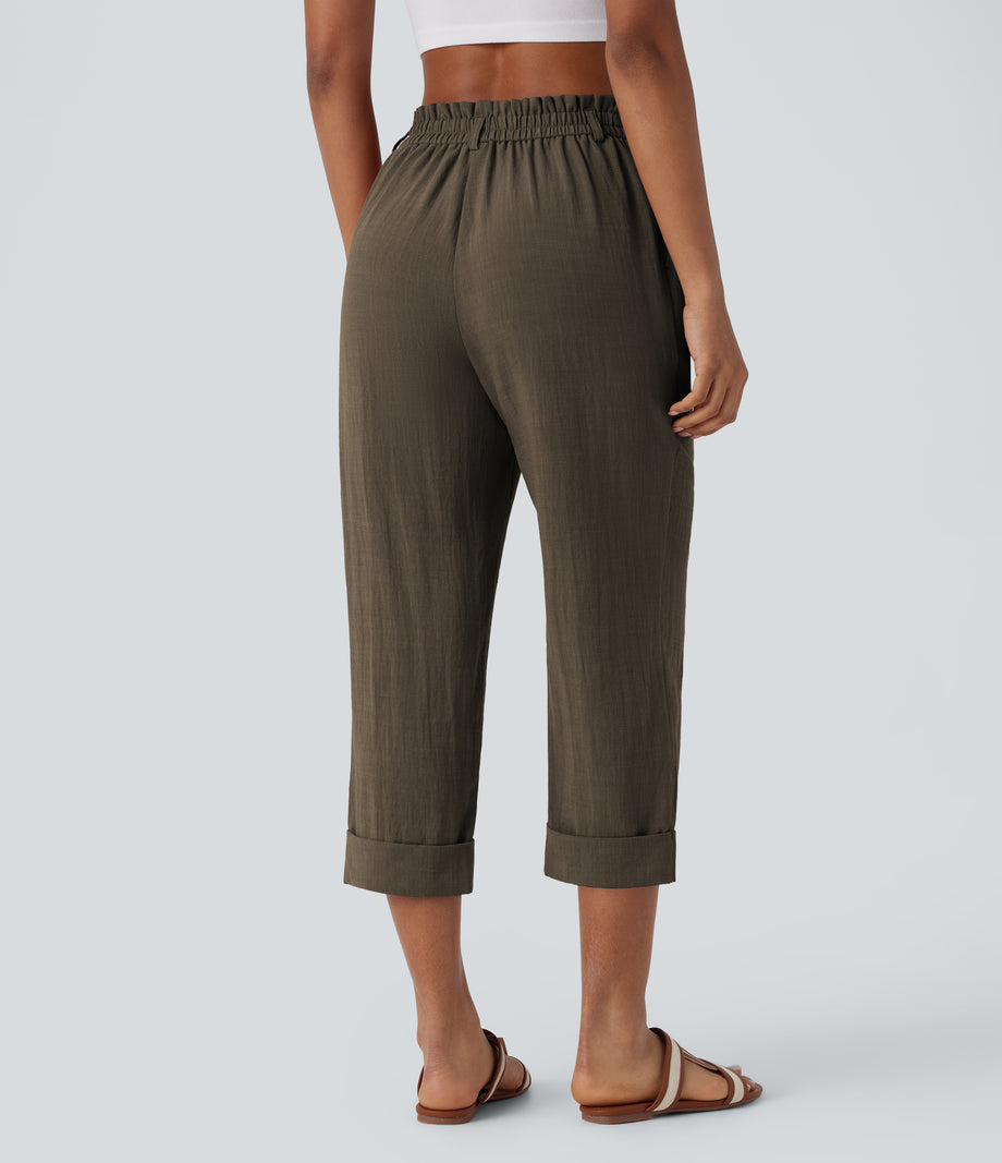 High Waisted Zipper Pocket Cropped Linen-Feel Pants - Dark Earthy Brown