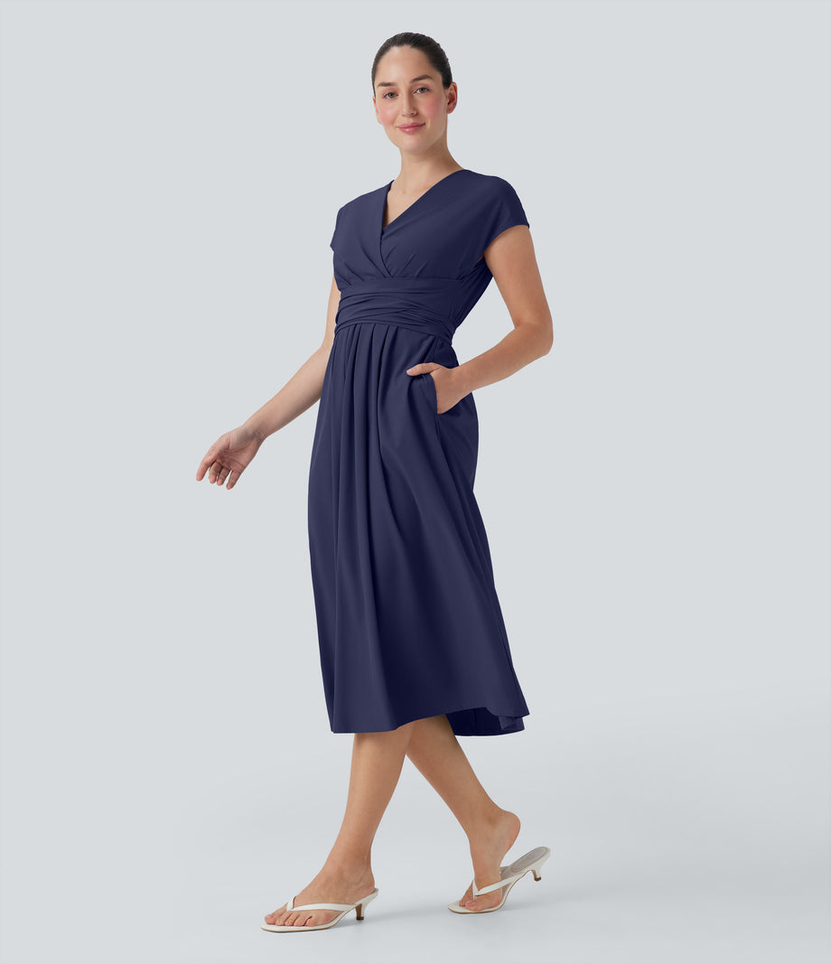 Breezeful™ V Neck Short Sleeve Pocket Tie Back Quick Dry Midi Casual Dress - Patriot Blue