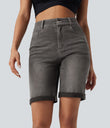 Halara Flex™ High Waisted Pockets Rolled Hem Washed Denim Casual Bermuda Shorts - Cool Gray Denim