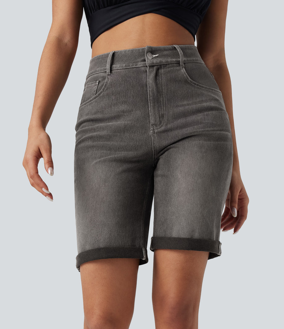 Halara Flex™ High Waisted Pockets Rolled Hem Washed Denim Casual Bermuda Shorts - Cool Gray Denim