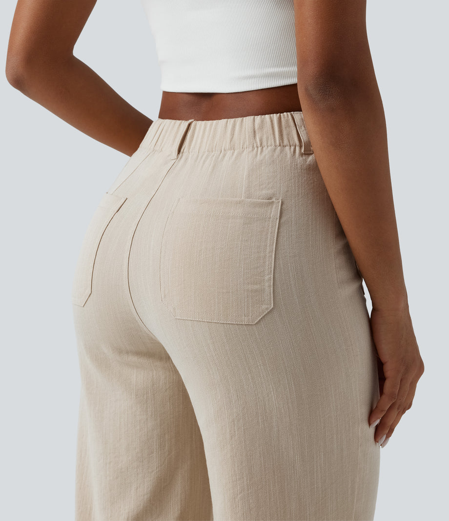 High Waisted Straight Leg Casual Linen-Feel Pants with Pockets - Dune Mirage