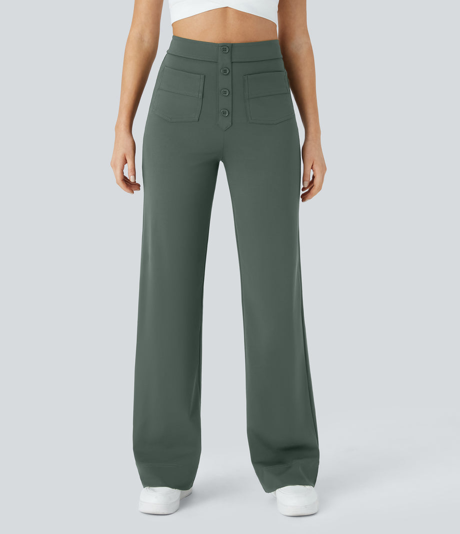 DayStretch High Waisted Pockets Straight Leg Casual Pants - Deep Aquamarine