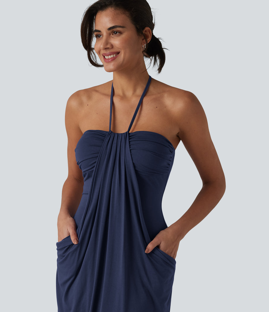Halter Tie Back Mini Resort Dress with Pockets - Naval Academy