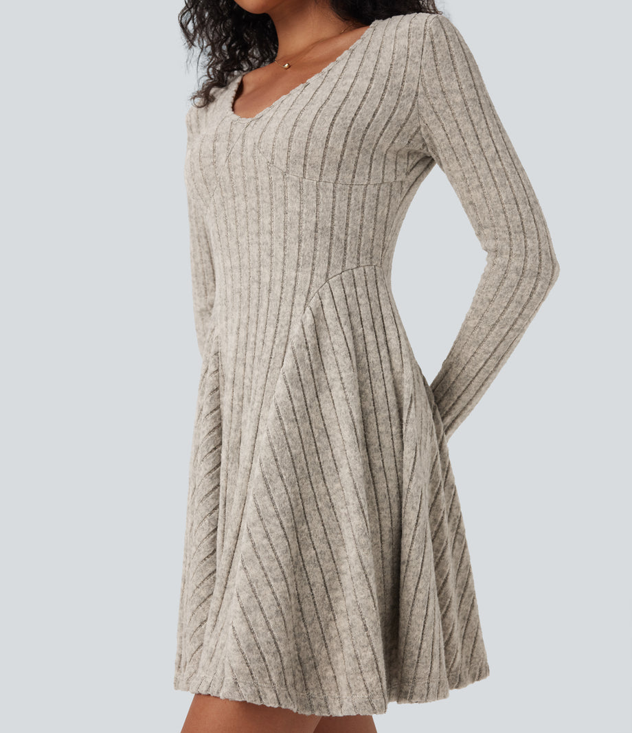 Ribbed Knit V Neck Long Sleeve Flare Mini Casual Dress with Pockets - Warm Grey Floral Velvet