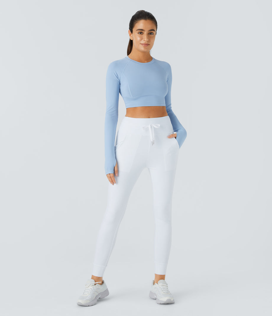 SoftlyZero™ Plush High Waisted Drawstring Pocket Plain Full Length Joggers - Frost White