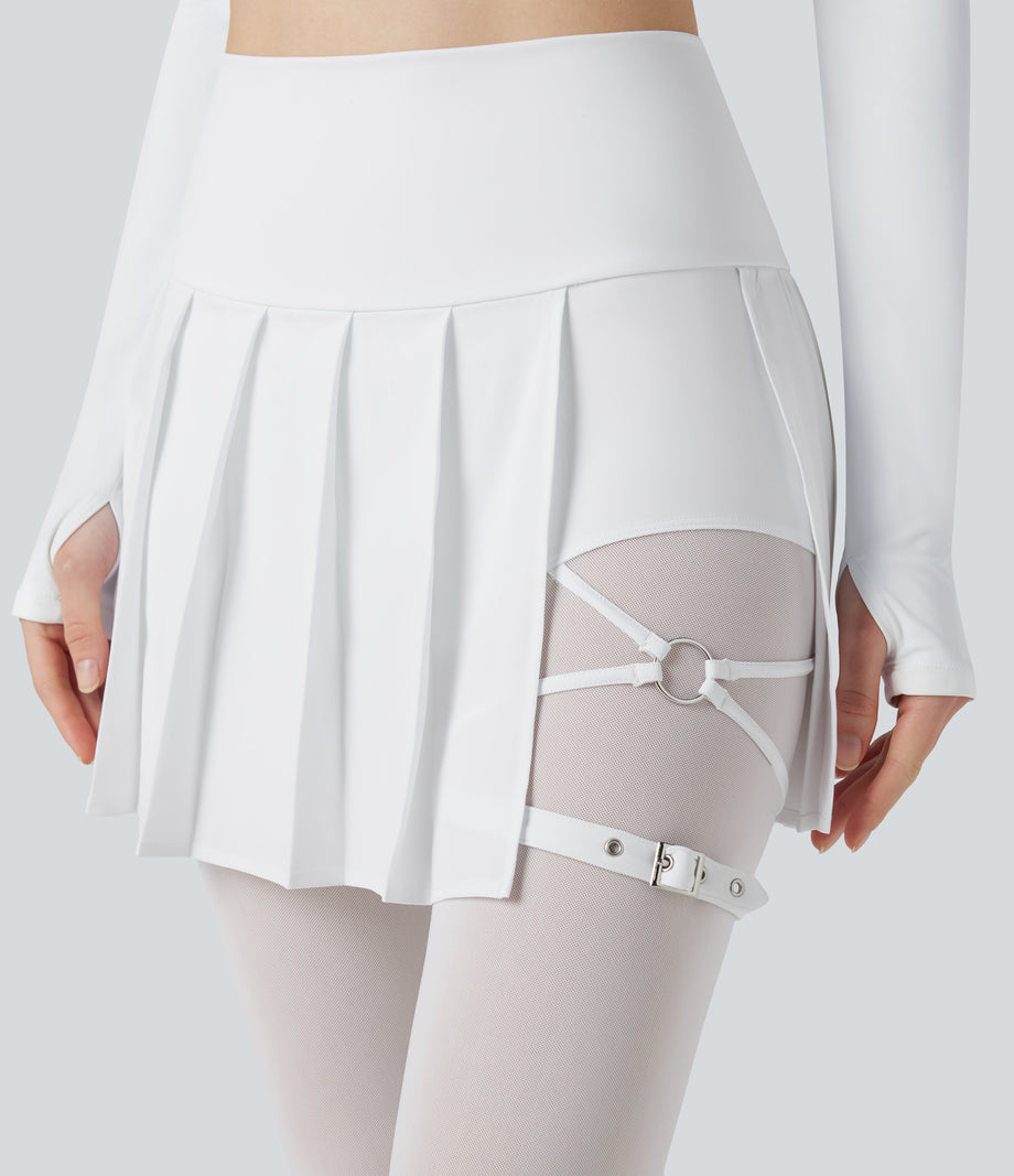 Breezeful™ High Waisted Pleated 2-in-1 Contrast Mesh Quick Dry Dance Stirrup Skirted Leggings with Pockets - White