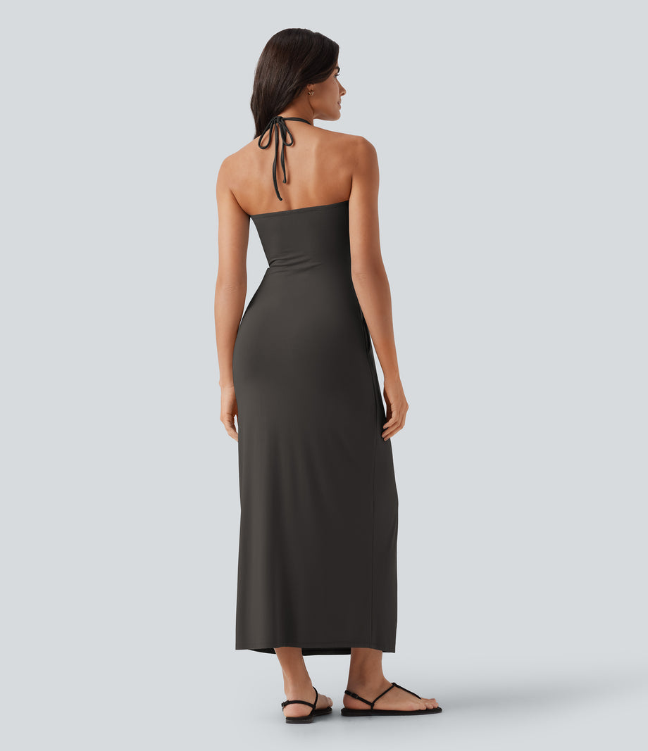 Halter Tie Back Maxi Dress with Pockets - Coffee Bean