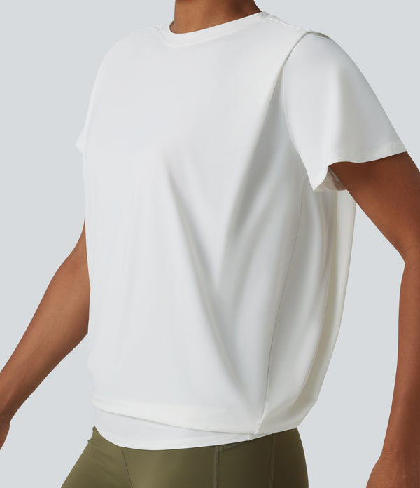 Round Neck Short Sleeve Ruched Cool Touch Yoga Sports Top-UPF50+ - White