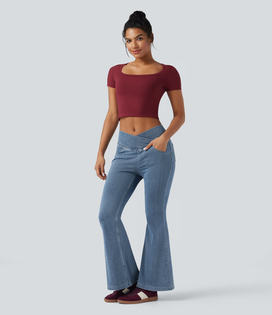 Halara Flex™ High Waisted Crossover Pocket Washed Casual Jeans -  Blue Jasper Denim