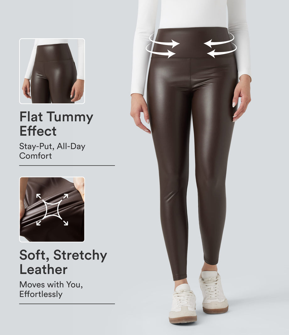 High Waisted Tummy Control Stretchy PU Fleece 7/8 Skinny Casual Leggings with Pockets - Hot Fudge