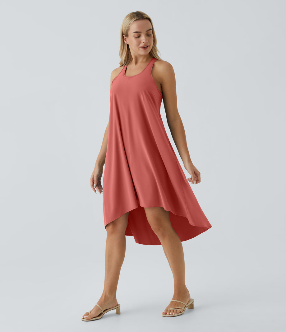Breezeful™ Backless Racerback Side Pocket High Low Flowy Midi Quick Dry Casual Dress - Kapok Red