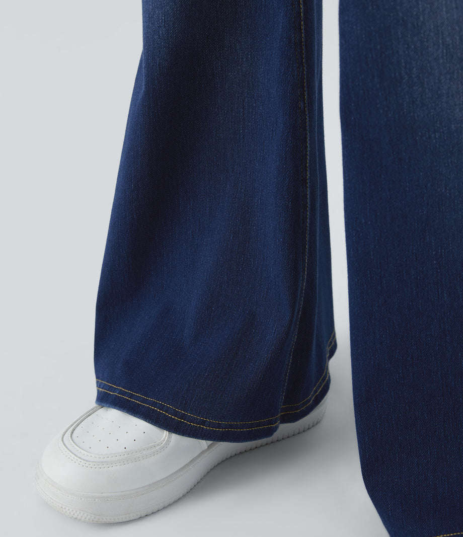 Halara Flex™ High Waisted Crossover Pocket Washed Casual Flare Jeans - Bright Blue Denim
