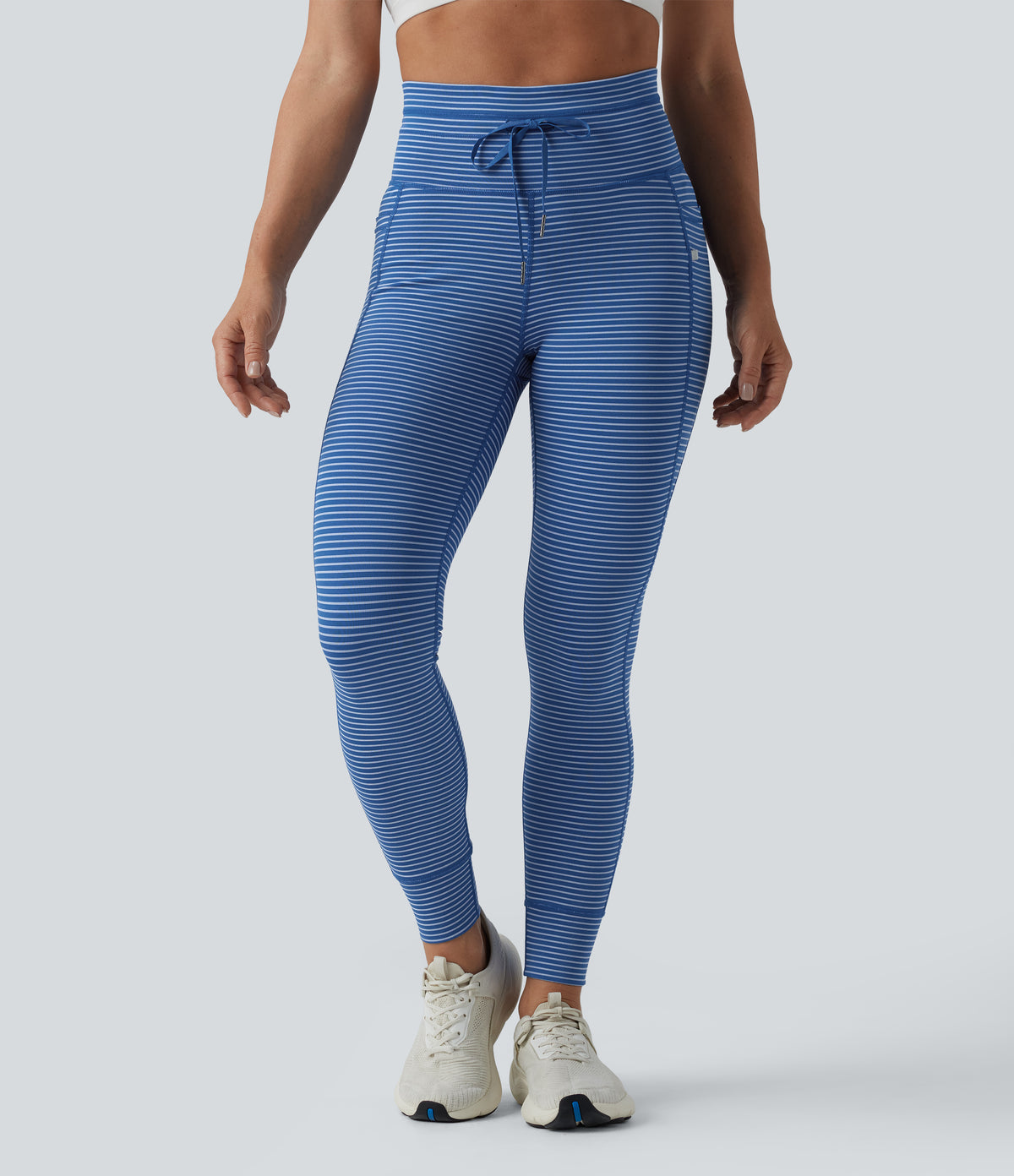 High Waisted Drawstring Striped Yoga Leggings with Pockets - Navy Stripe