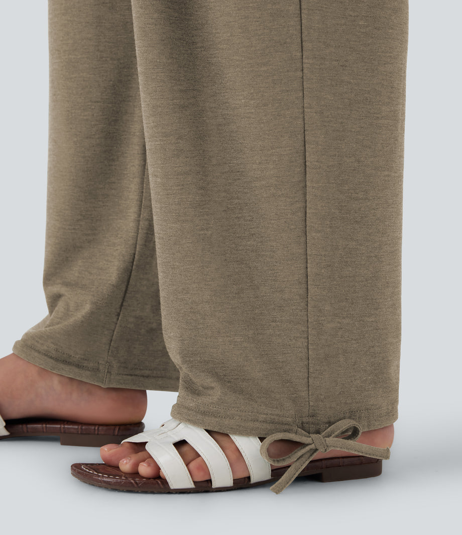 Crossover High Waisted Pocket Drawstring Casual Joggers - Khaki Floral Yarn