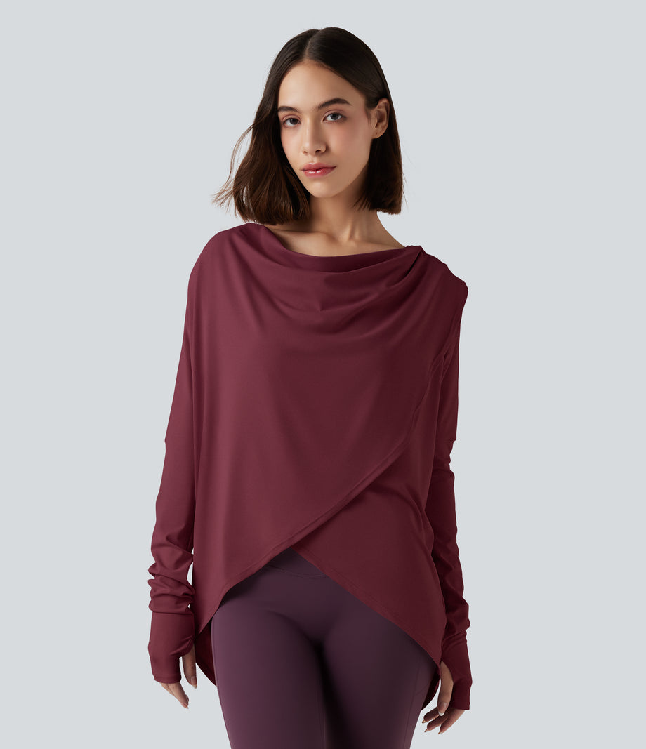 Hooded Cowl Neck Long Sleeve Thumb Hole Yoga Sports Top with Pockets - Chocolate Truffle
