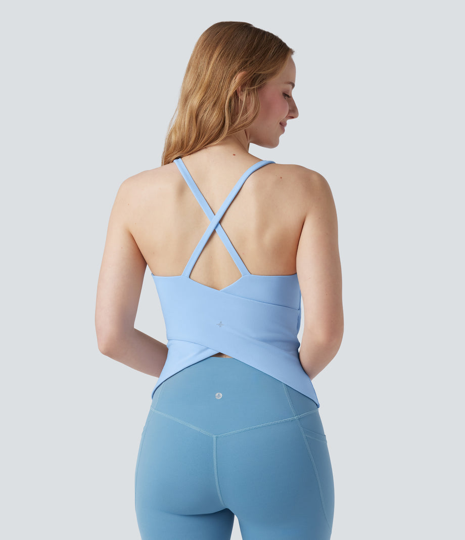 Scoop Neck Crisscross Back Crossover Hem Yoga Cami Top - Fresh Blue