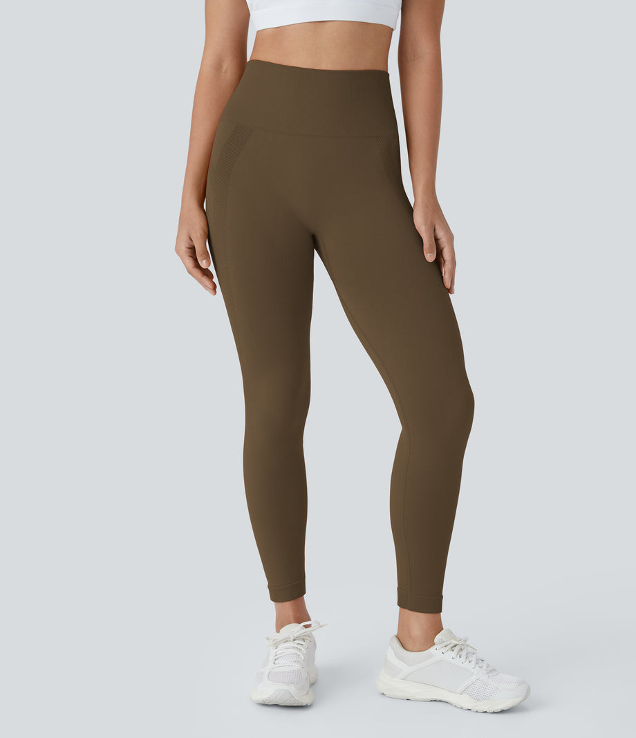 OneForm Seamless Flow High Waisted Ruched 7/8 Yoga Leggings - Dawn Brown