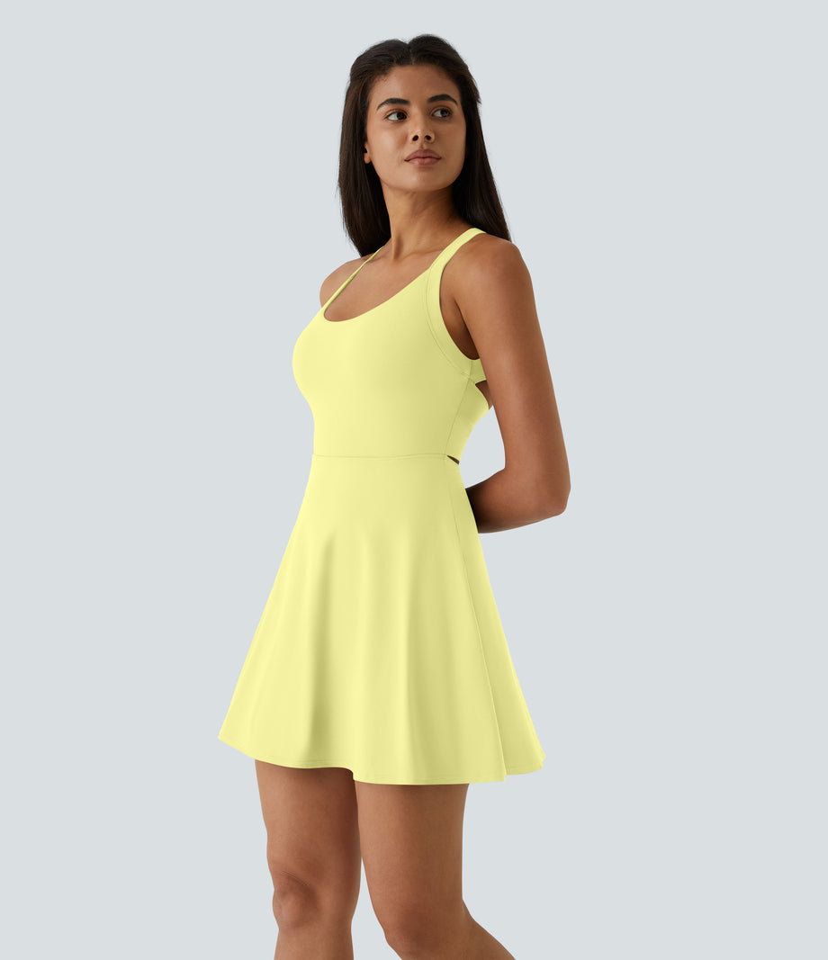 SoftlyZero™ Airy Backless Twisted Flare Low Support Dance Active Dress-Longer Length-Easy Peezy Edition A-D Cups - Yellow Pear