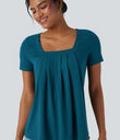 Square Neck Short Sleeve Casual Top - Crystal Teal