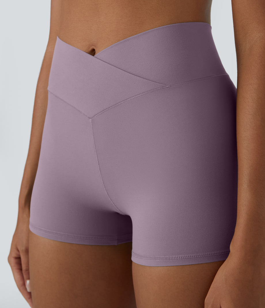 SoftlyZero™ High Waisted Crossover Plain Yoga Biker Shorts 3''-UPF50+ - Cinnabar Purple