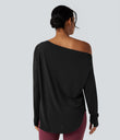 One Shoulder Long Sleeve Thumb Hole Curved Hem High Low Quick Dry Yoga Sports Top-Built-in Bra - Black