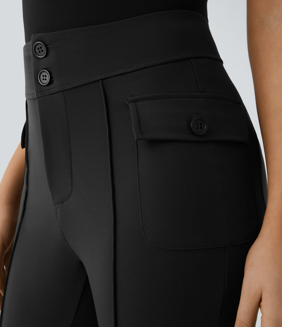 High Waisted Side Flap Pocket Flare Casual Cargo Pants - Black