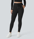 SoftlyZero™ Plush High Waisted Drawstring Pocket Plain Full Length Joggers - Black