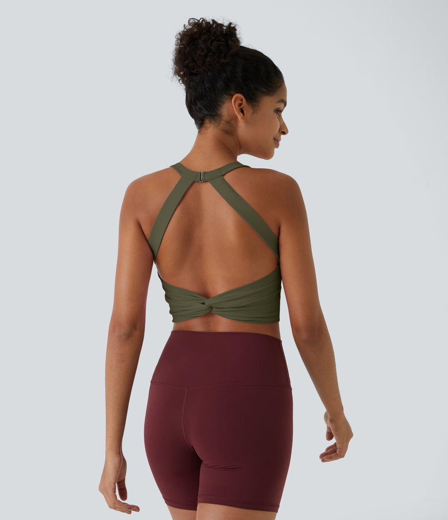 SoftlyZero™ Plush Cut Out Cropped Yoga Tank Top - Grass Grey Green