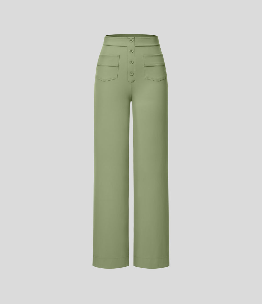 DayStretch High Waisted Pockets Straight Leg Casual Pants - Asparagus