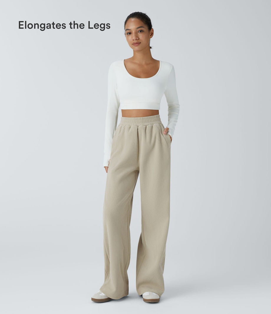 High Waisted Pocket Straight Leg Baggy Mop Corduroy Casual Pants - Almond Milk