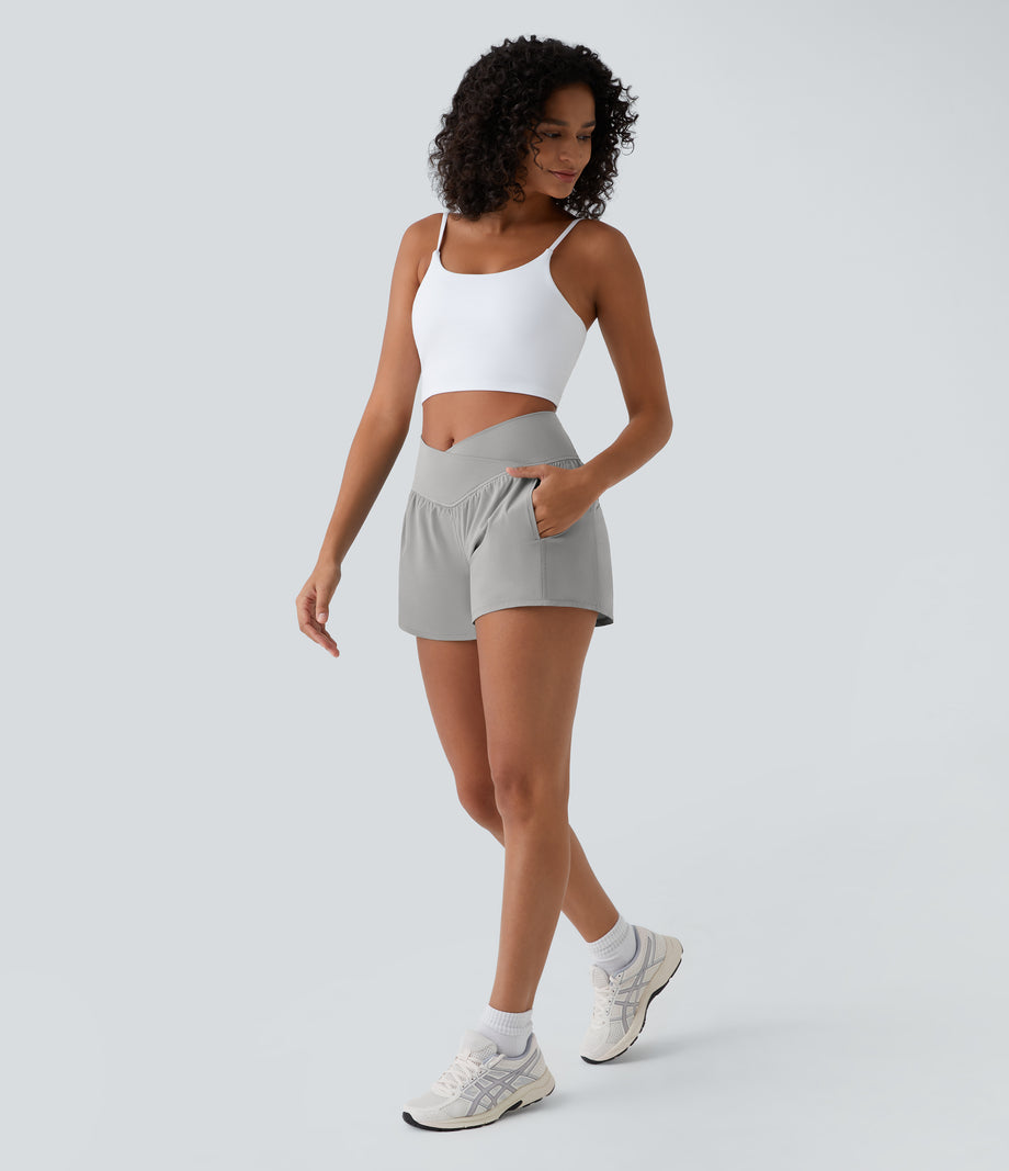 Breezeful™ High Waisted Crossover Pocket 2-in-1 Quick Dry Yoga Shorts 4" - Dust Gray
