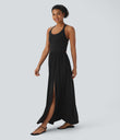 Twisted Backless Split Flowy Maxi Resort Dress with Pockets - Black