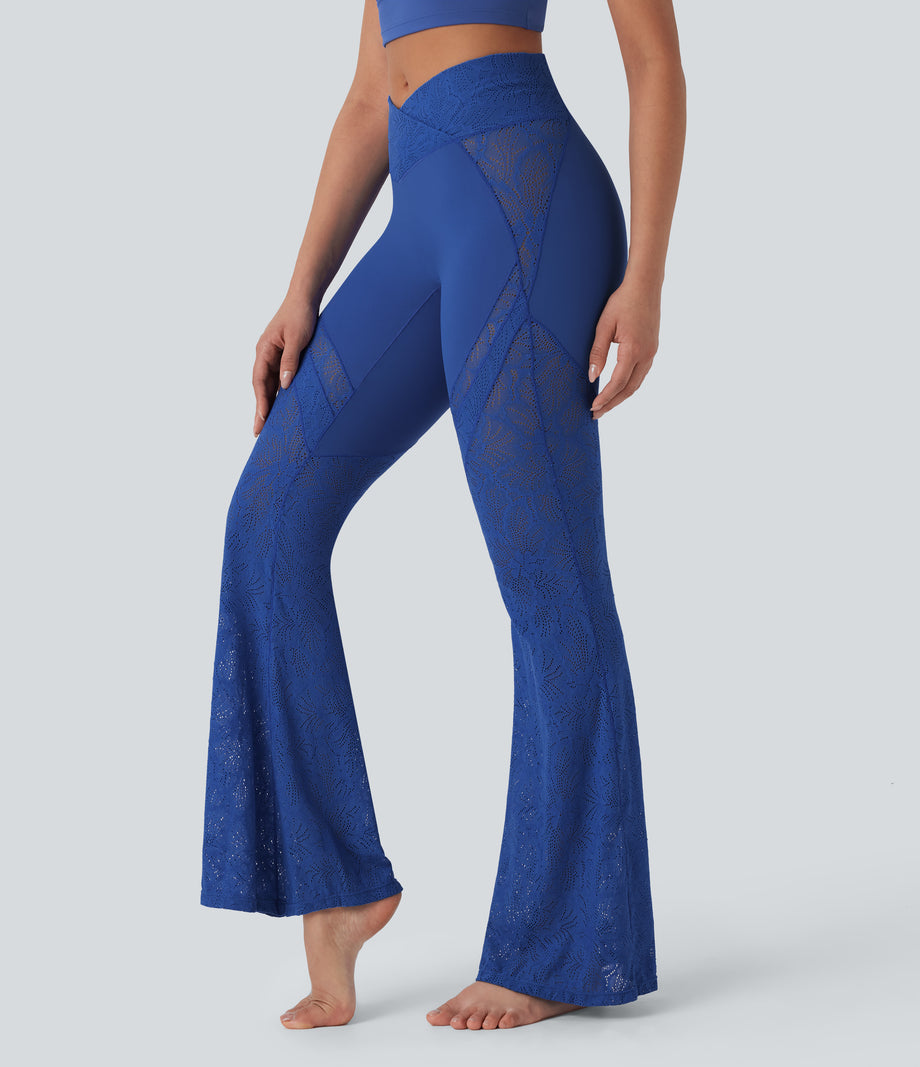 SoftlyZero™ High Waisted Crossover Pocket Contrast Lace Flare Yoga Leggings - Beaucoup Blue