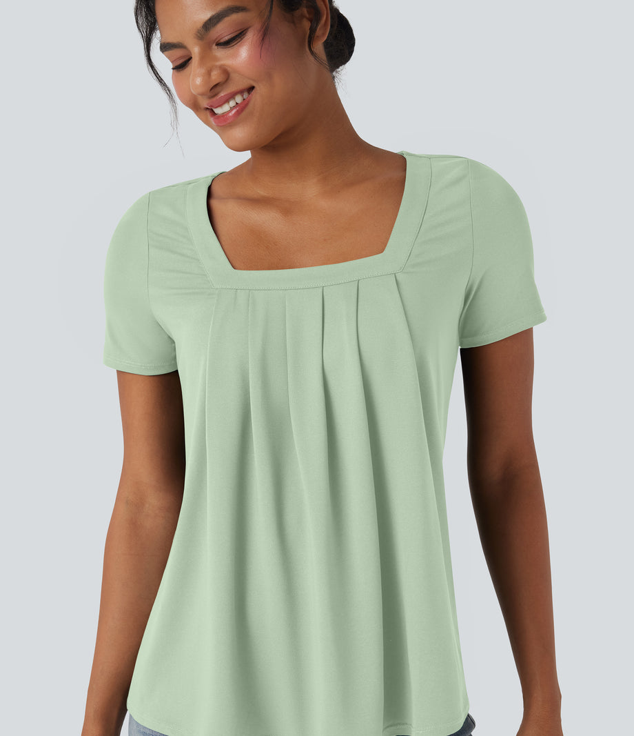 Square Neck Short Sleeve Casual Top - Spray