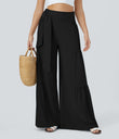 Breezeful™ High Waisted Shirred Tie Front & Back Wide Leg Flowy Quick Dry Casual Pants - Black