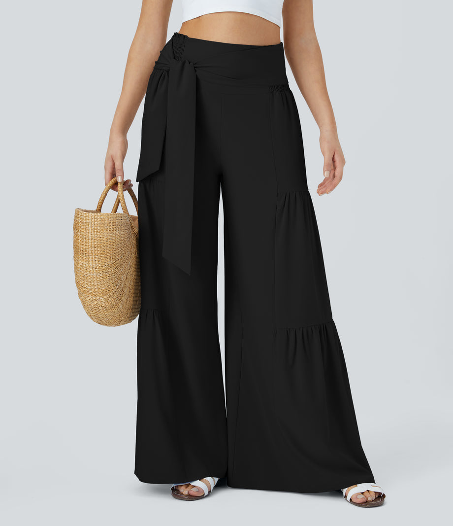 Breezeful™ High Waisted Shirred Tie Front & Back Wide Leg Flowy Quick Dry Casual Pants - Black