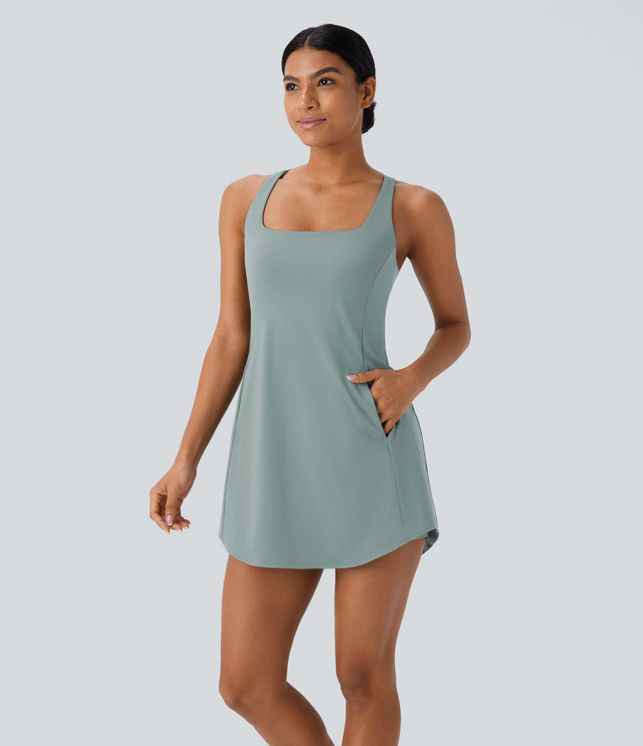 SoftlyZero™ Plush Cut Out Pocket 2-Piece Mini Yoga Active Dress - Ether