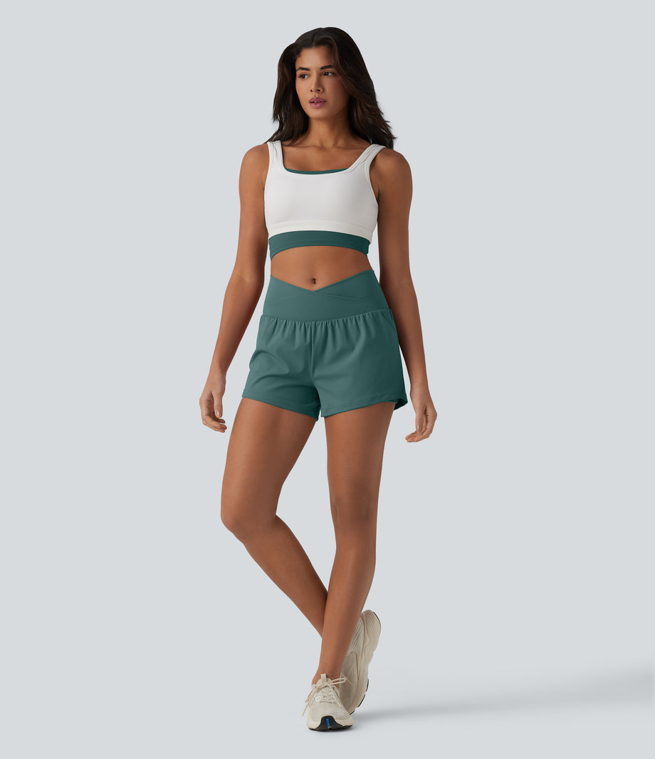 SoftlyZero™ Airy Crossover High Waisted 2-in-1 Cool Touch Yoga Shorts 3'' with Pockets - Blue Spruce