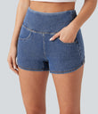 Halara Flex™ High Waisted Tummy Control Curved Hem Skinny Denim Casual Shorts with Pockets -  Blue Jasper Denim