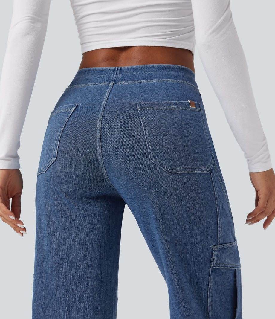 Halara Flex™ Mid Rise Pockets Straight Leg Casual Cargo Jeans - Light Floral Blue Denim