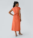 Breezeful™ V Neck Short Sleeve Pocket Tie Back Quick Dry Midi Casual Dress-Longer Length - Flamingo