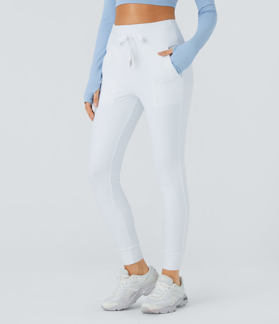 SoftlyZero™ Plush High Waisted Drawstring Pocket Plain Full Length Joggers - Frost White